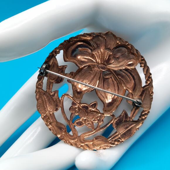 Vintage Purple Enamel Flower Brooch, Open Work, Copper, 2 1/8" - Picture 3 of 8